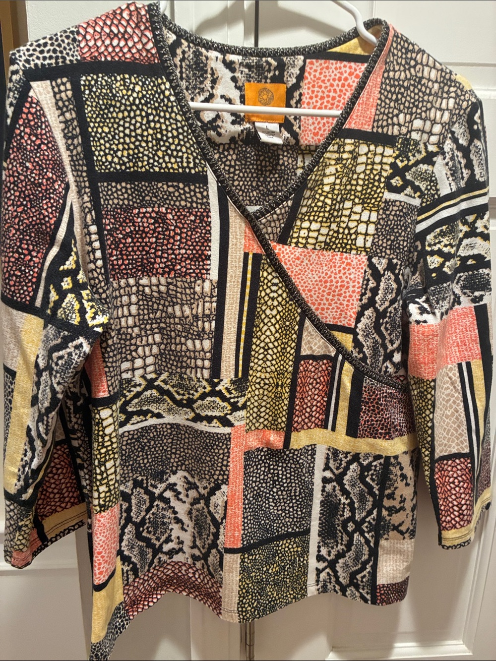 Ruby Rd. Multi-Pattern V-Neck Patchwork Top in Coral, Mustard & Black
